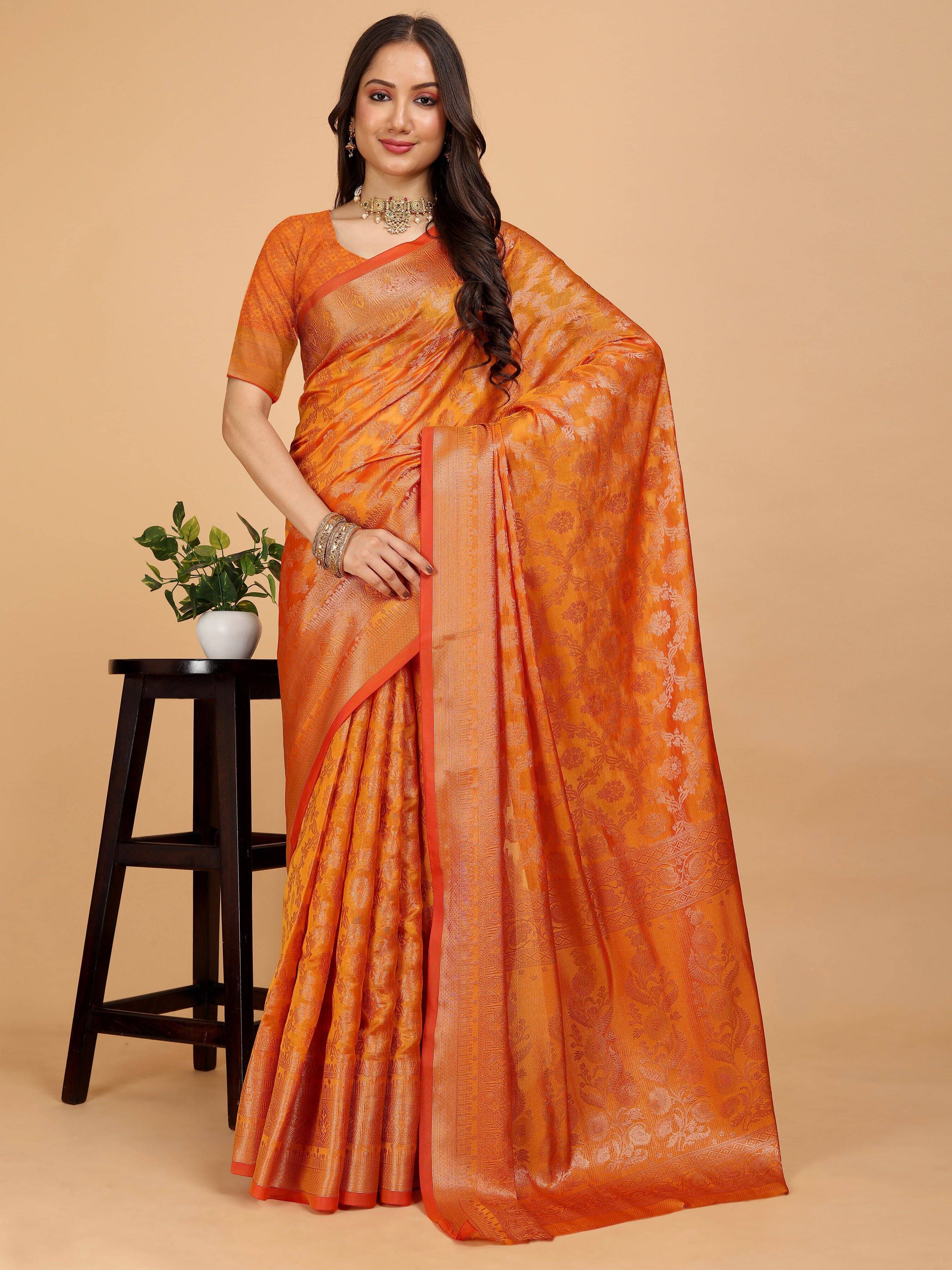 JS Clothing Mart Organza Woven Design Baluchari Saree With Unstitched Blouse Piece ( Mustard ) JS Clothing Mart Organza Woven Design Baluchari Saree With Unstitched Blouse Piece ( Mustard )