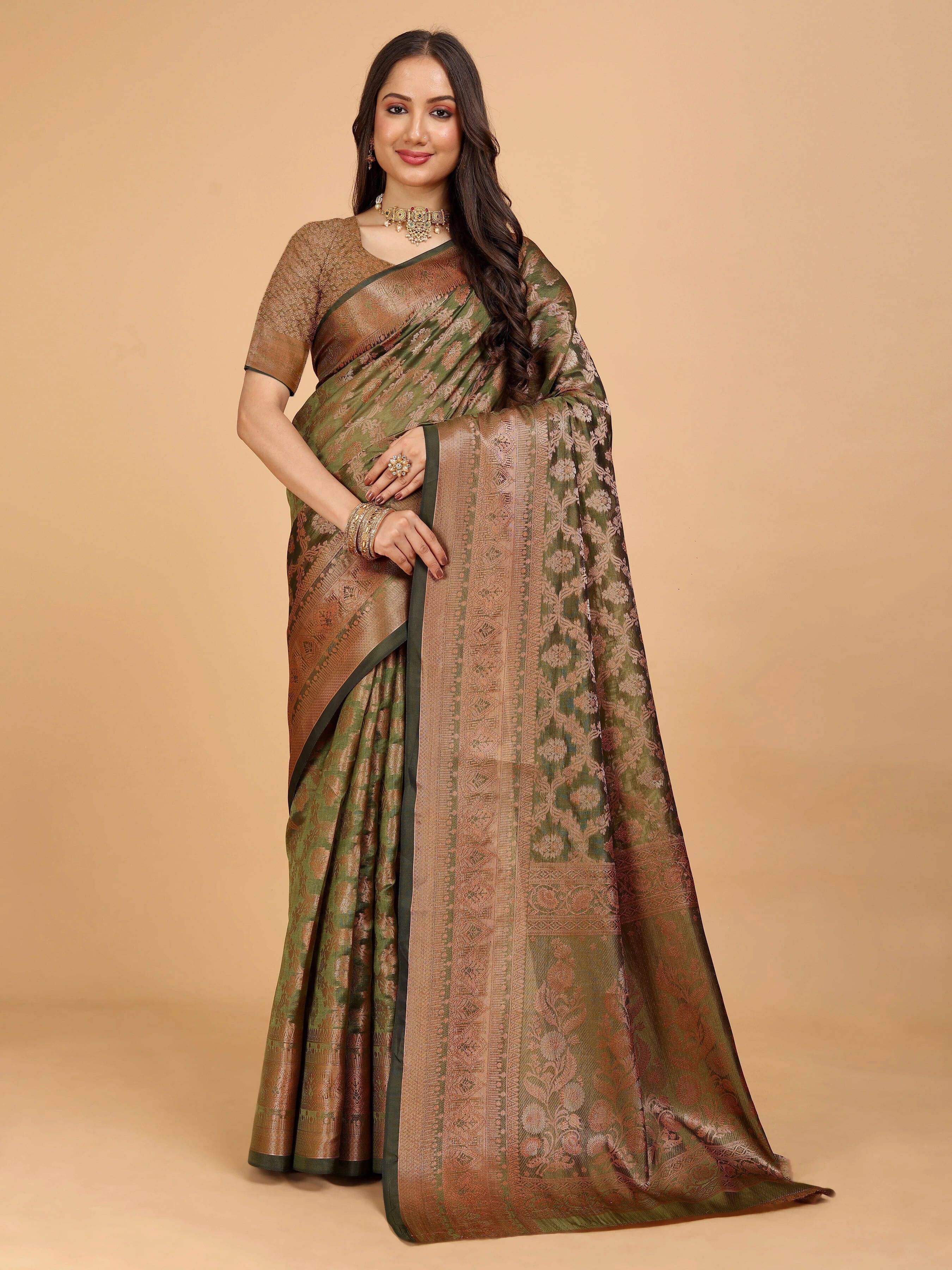     			JS Clothing Mart Organza Woven Design Baluchari Saree With Unstitched Blouse Piece ( Light Green )