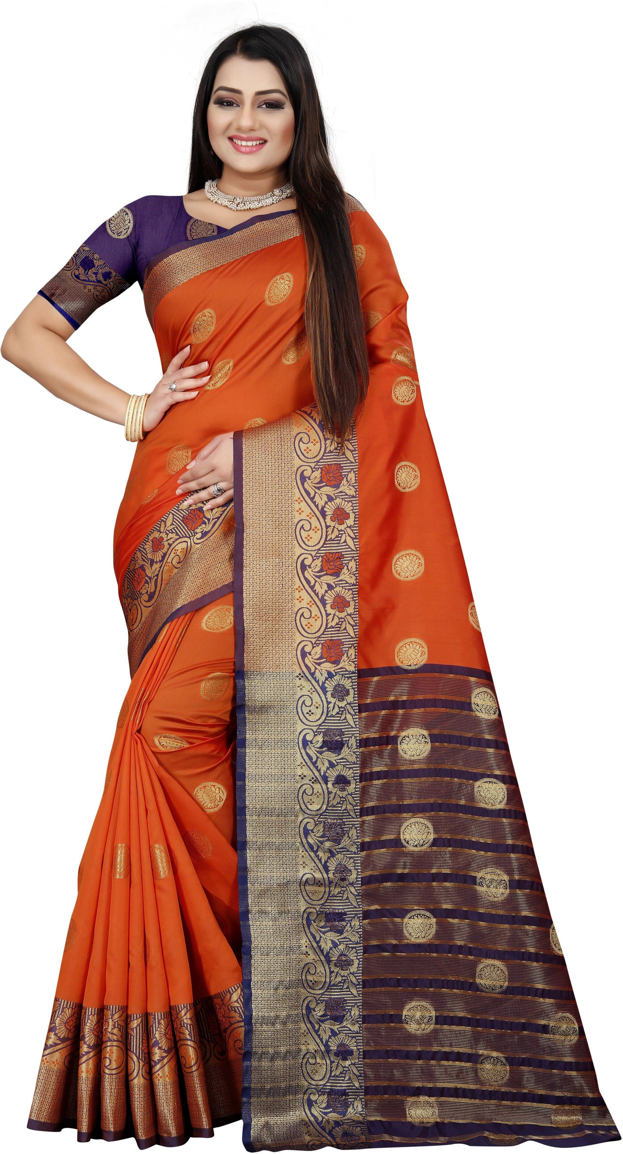     			JS Clothing Mart Silk Blend Woven Design Kanjeevaram Sarees With Unstitched Blouse Piece ( Orange )