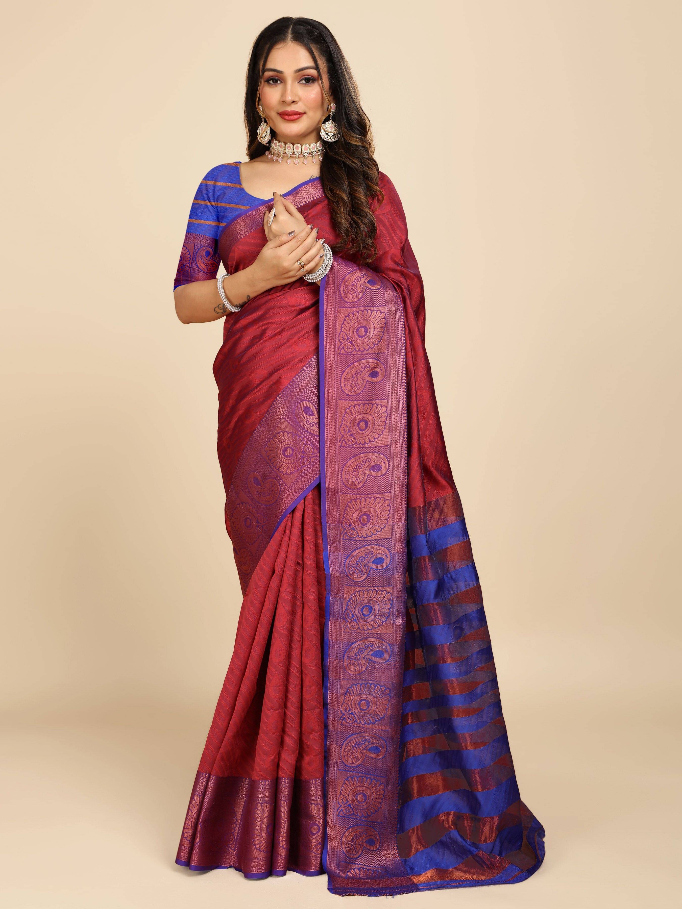     			JS Clothing Mart Silk Blend Woven Design Kanjeevaram Sarees With Unstitched Blouse Piece ( Maroon )