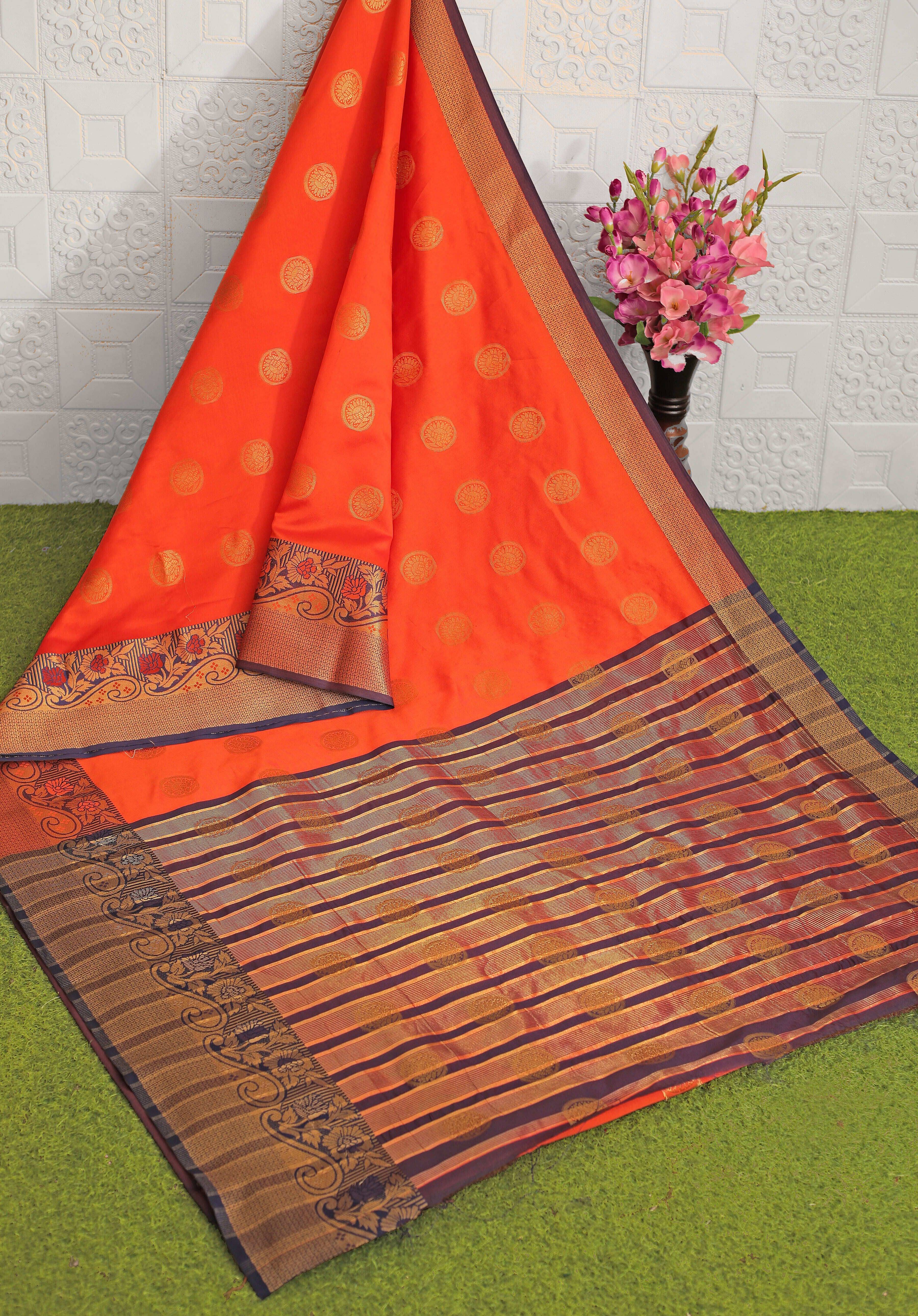     			JS Clothing Mart Silk Blend Woven Design Kanjeevaram Sarees With Unstitched Blouse Piece ( Orange )