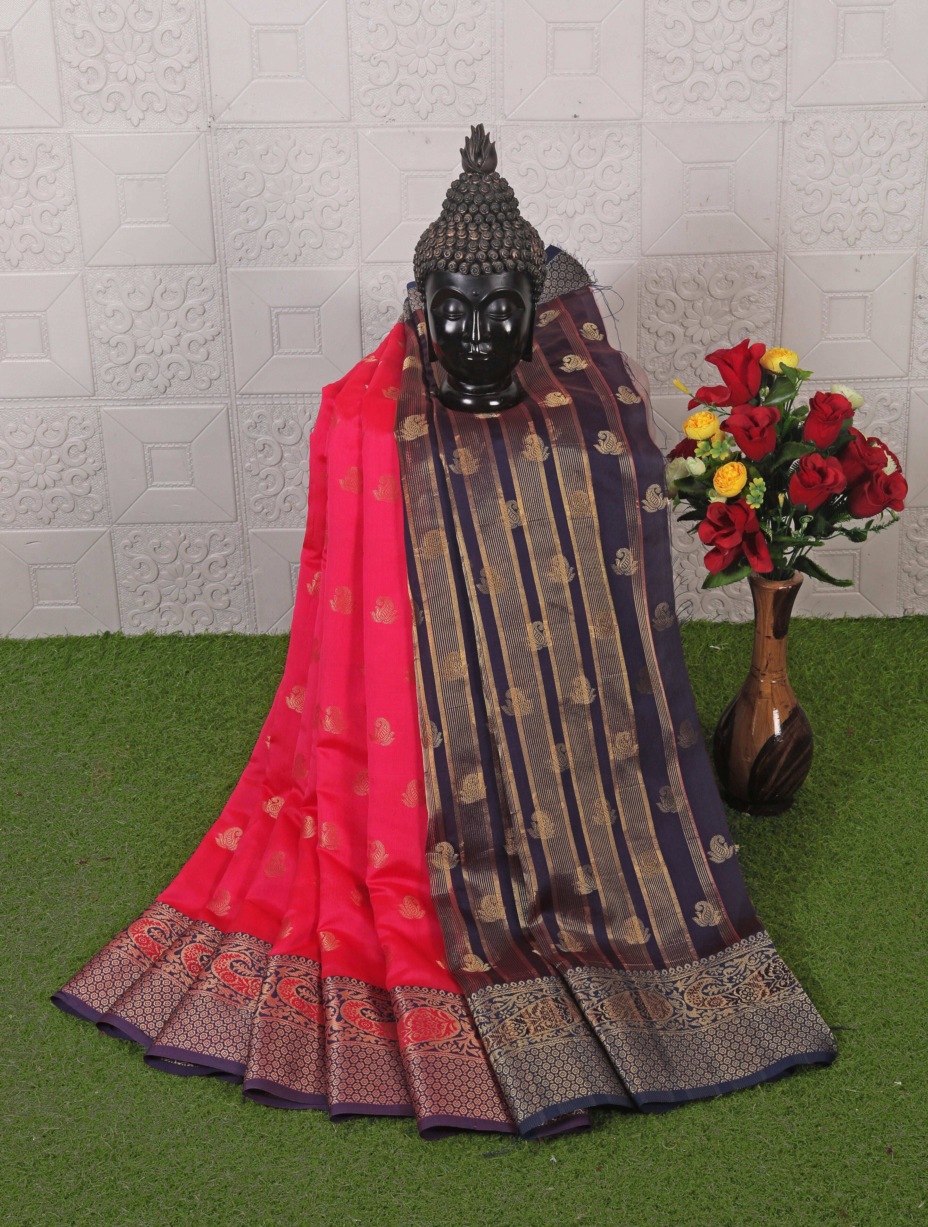     			JS Clothing Mart Silk Blend Woven Design Kanjeevaram Sarees With Unstitched Blouse Piece ( Beige )