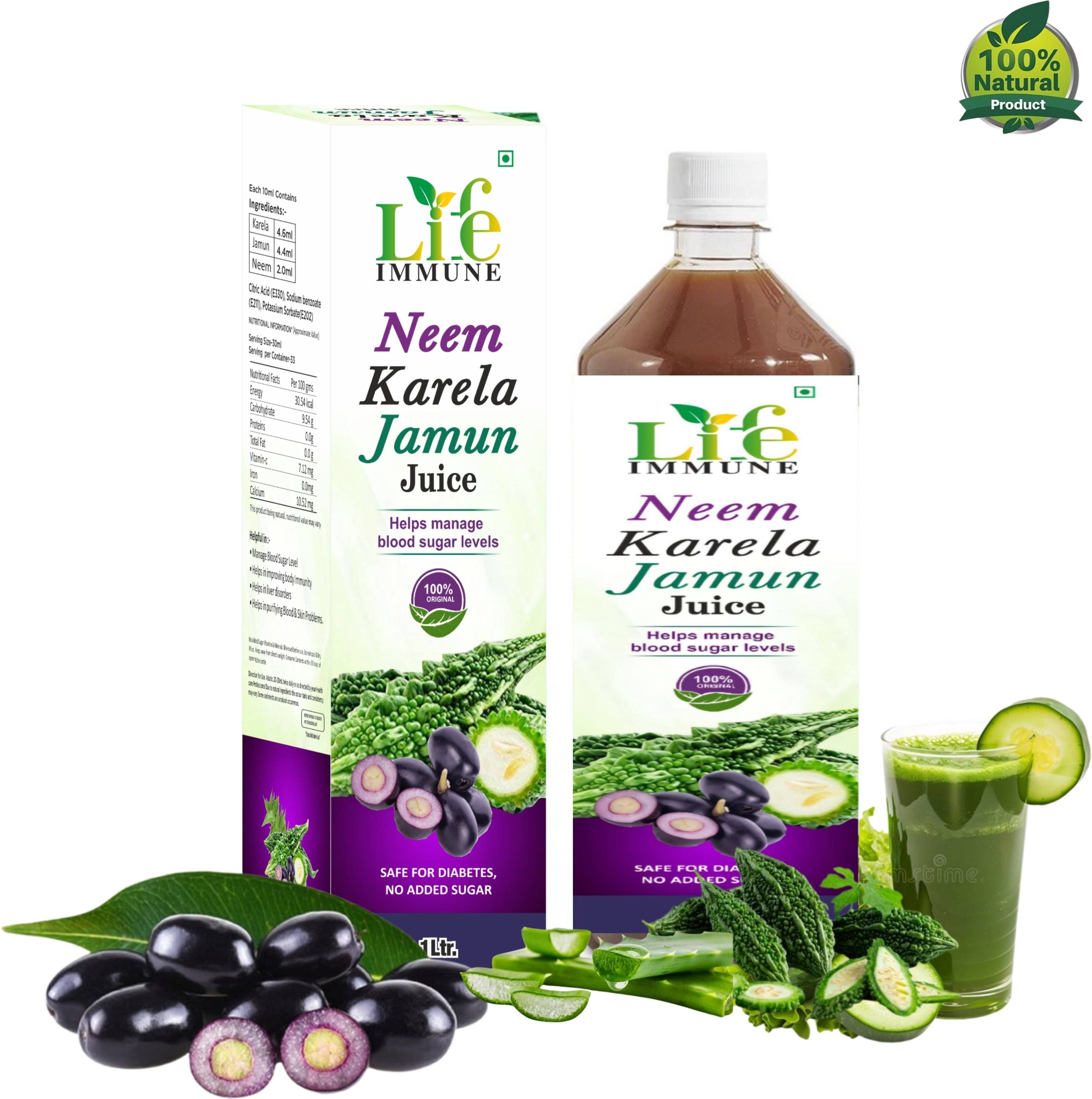 Life Immune Karela, Jamun and Neem Mix Juice Improves Digestion Natural\n\nBlood Purifier 1000 ml (Pack of 1) Life Immune Karela, Jamun and Neem Mix Juice Improves Digestion Natural\n\nBlood Purifier 1000 ml (Pack of 1)