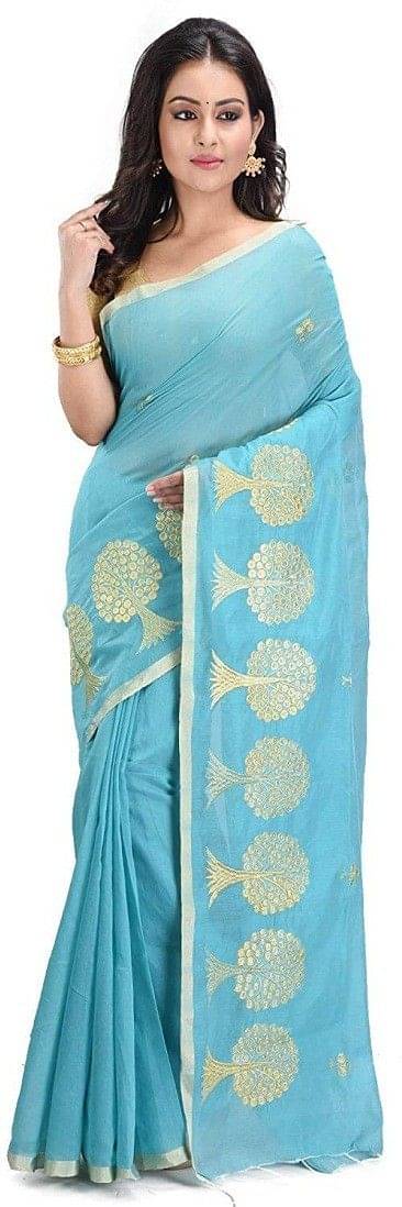 RAJ SAREE HOUSE Cotton Embroidered Tant Saree With Unstitched Blouse Piece ( Light Blue ) RAJ SAREE HOUSE Cotton Embroidered Tant Saree With Unstitched Blouse Piece ( Light Blue )
