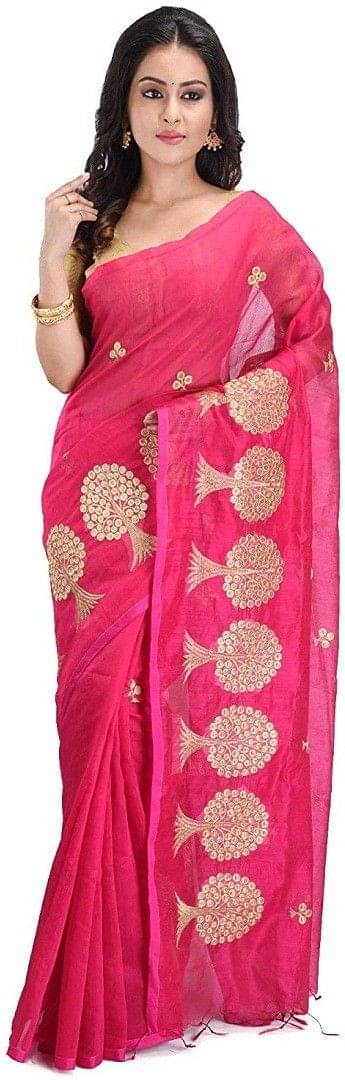 RAJ SAREE HOUSE Cotton Embroidered Tant Saree With Unstitched Blouse Piece ( Pink ) RAJ SAREE HOUSE Cotton Embroidered Tant Saree With Unstitched Blouse Piece ( Pink )