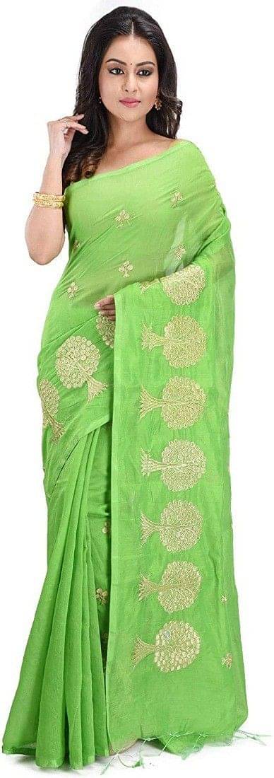 RAJ SAREE HOUSE Cotton Embroidered Tant Saree With Unstitched Blouse Piece ( Light Green ) RAJ SAREE HOUSE Cotton Embroidered Tant Saree With Unstitched Blouse Piece ( Light Green )