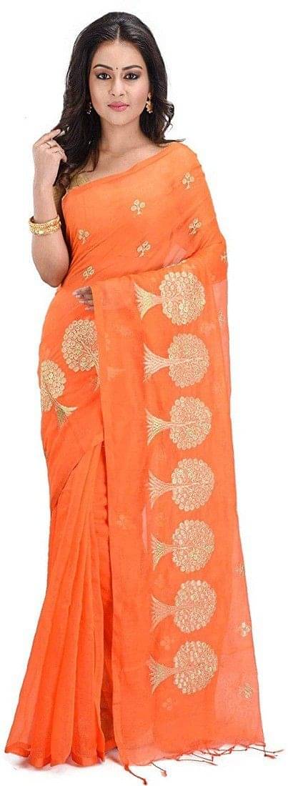    			RAJ SAREE HOUSE Cotton Embroidered Tant Saree With Unstitched Blouse Piece ( Orange )