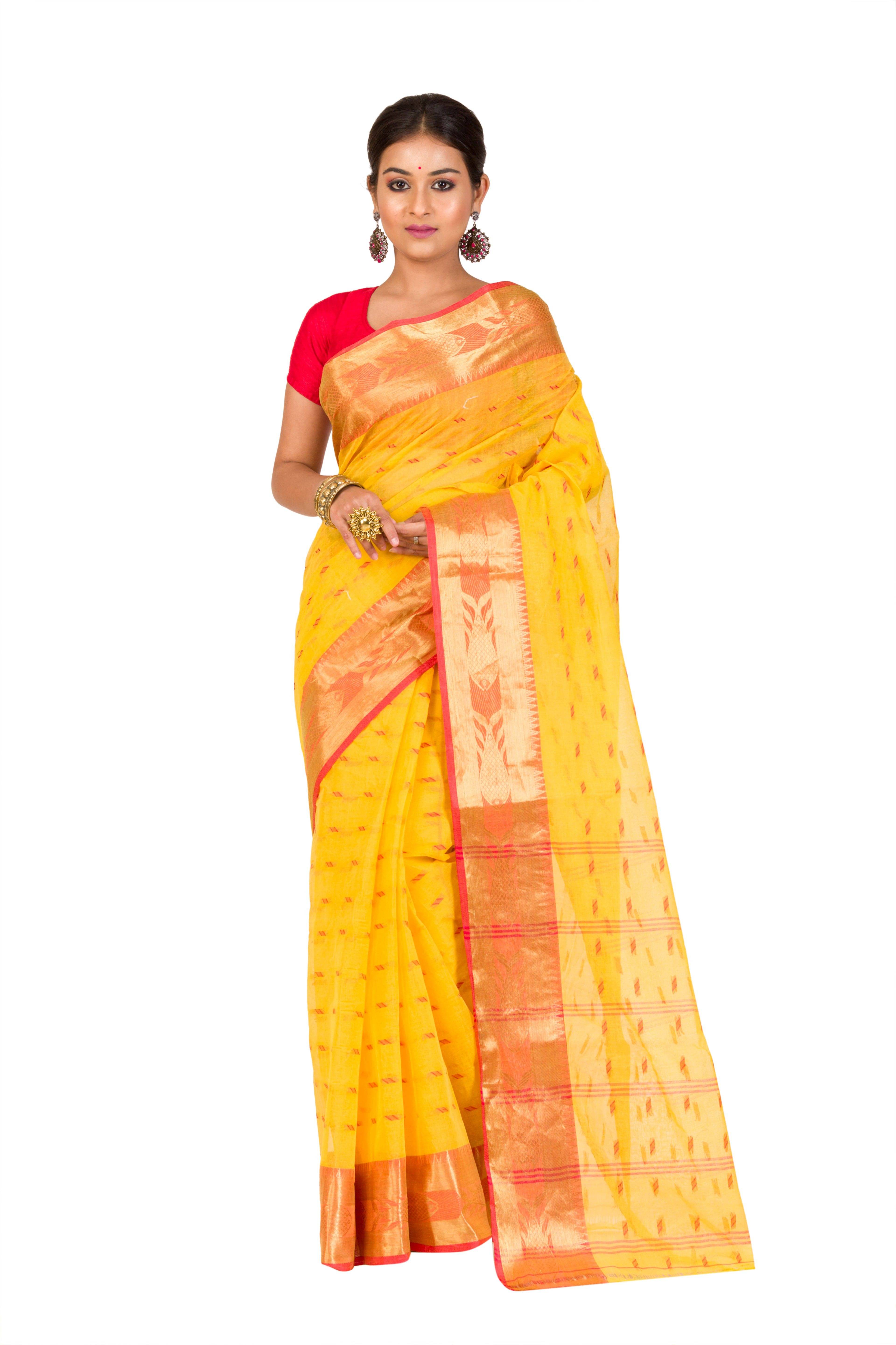RAJ SAREE HOUSE Cotton Printed Tant Saree Without Blouse Piece ( Yellow )     			RAJ SAREE HOUSE Cotton Printed Tant Saree Without Blouse Piece ( Yellow )