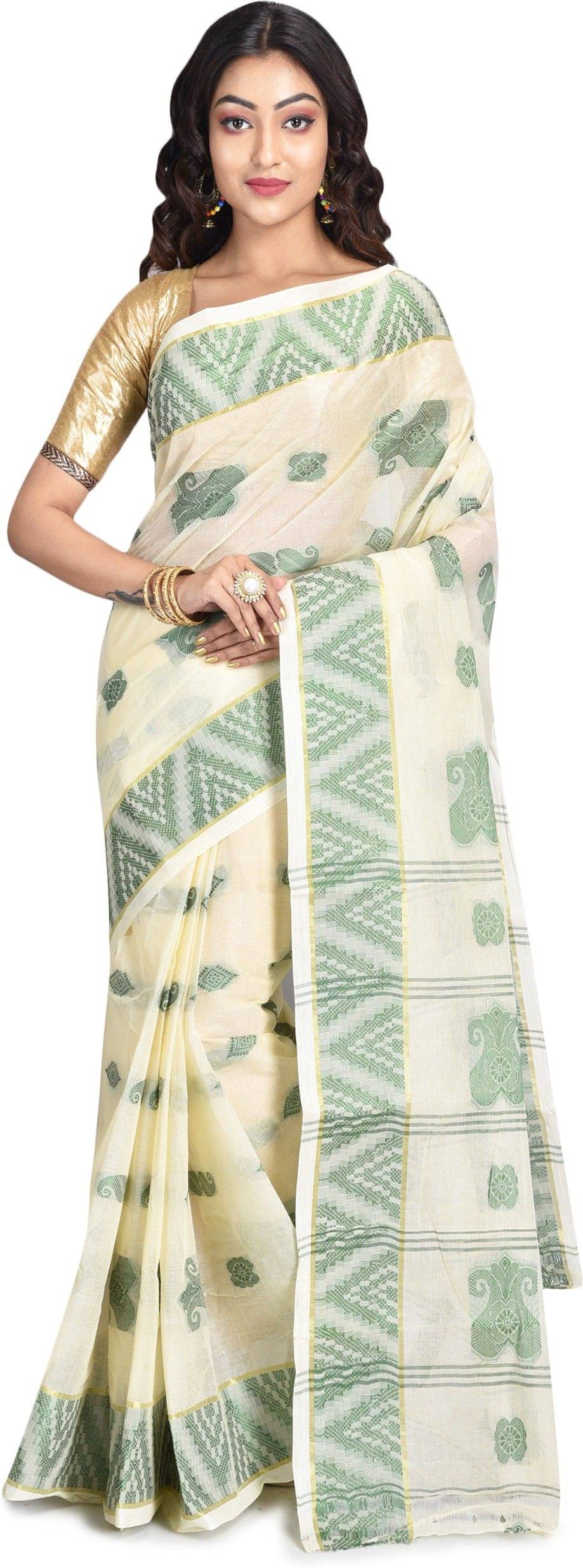 RAJ SAREE HOUSE Cotton Silk Self Design Tant Saree Without Blouse Piece ( Green )     			RAJ SAREE HOUSE Cotton Silk Self Design Tant Saree Without Blouse Piece ( Green )