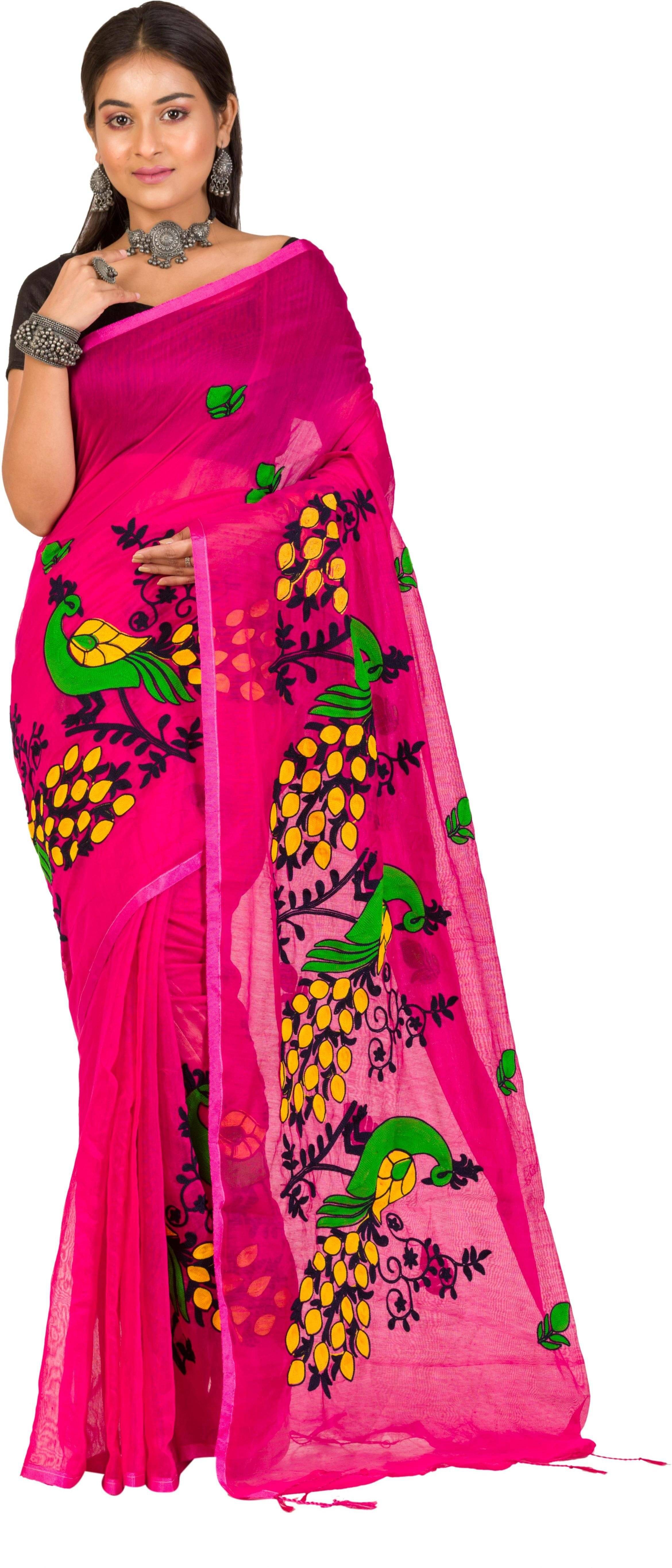     			RAJ SAREE HOUSE Cotton Silk Embroidered Tant Saree With Unstitched Blouse Piece ( Pink )