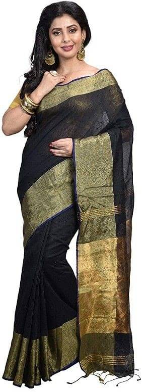     			RAJ SAREE HOUSE Cotton Solid Tant Saree With Unstitched Blouse Piece ( Black )