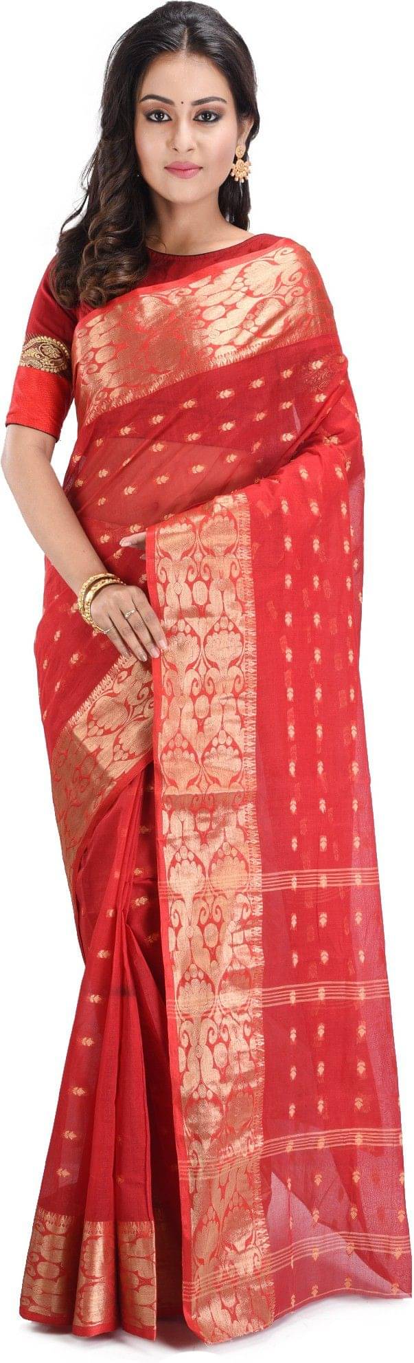 RAJ SAREE HOUSE Cotton Woven Tant Saree Without Blouse Piece ( Red )     			RAJ SAREE HOUSE Cotton Woven Tant Saree Without Blouse Piece ( Red )