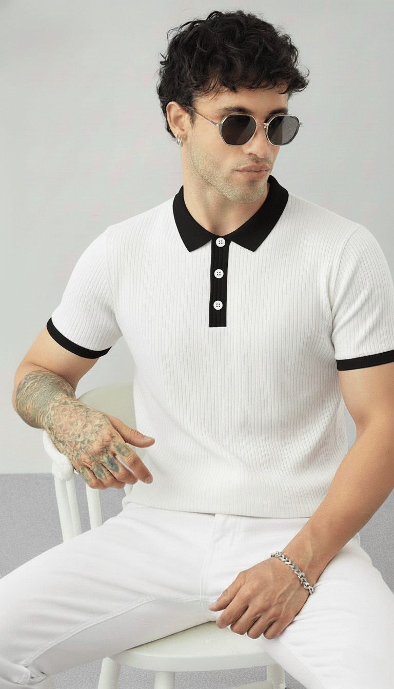     			Try This Men Cotton Blend Regular Fit Colorblock Polo T Shirt ( White )