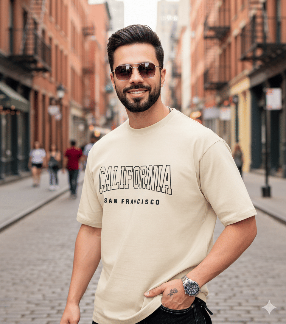     			Urban Trees Men Cotton Blend Oversized Fit Printed T-Shirt ( Camel )