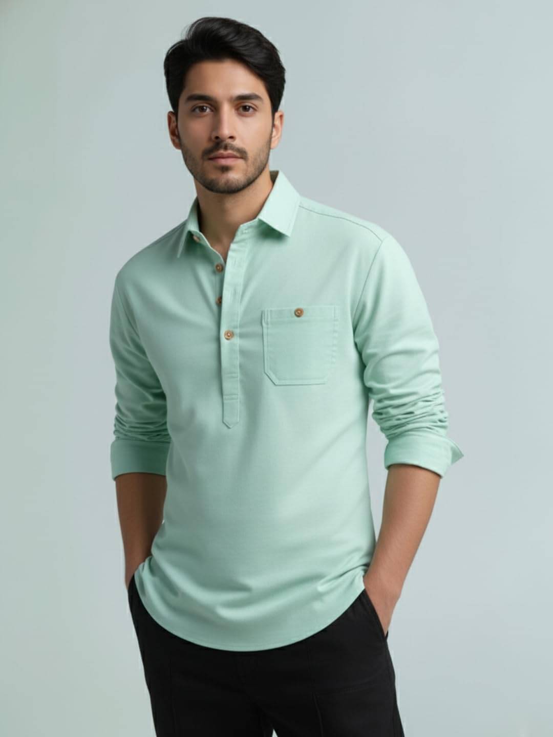 Vida Loca Light Blue Cotton Blend Men's Shirt Style Kurta ( Pack of 1 )     			Vida Loca Light Blue Cotton Blend Men's Shirt Style Kurta ( Pack of 1 )