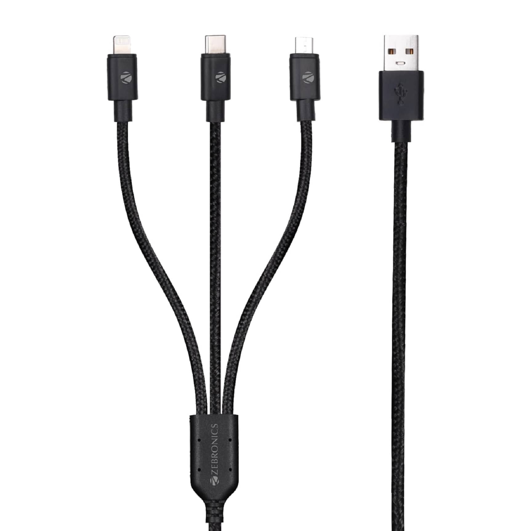     			ZEBRONICS UMLCC1205, 3 in 1 USB Charging Cable with Type C, Lightning, Micro USB, 18 Watts, Rapid Charge, 1.5 Meter, Compatible with iPhone | Samsung | OnePlus | Xiaomi | Realme | Oppo