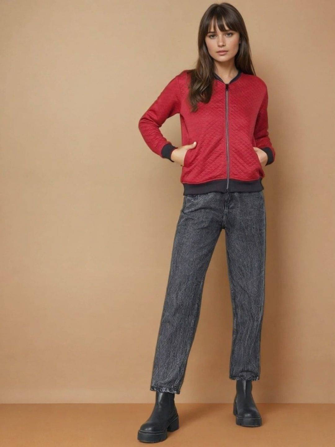     			kotty Women High Neck Quilted Jacket ( Red )