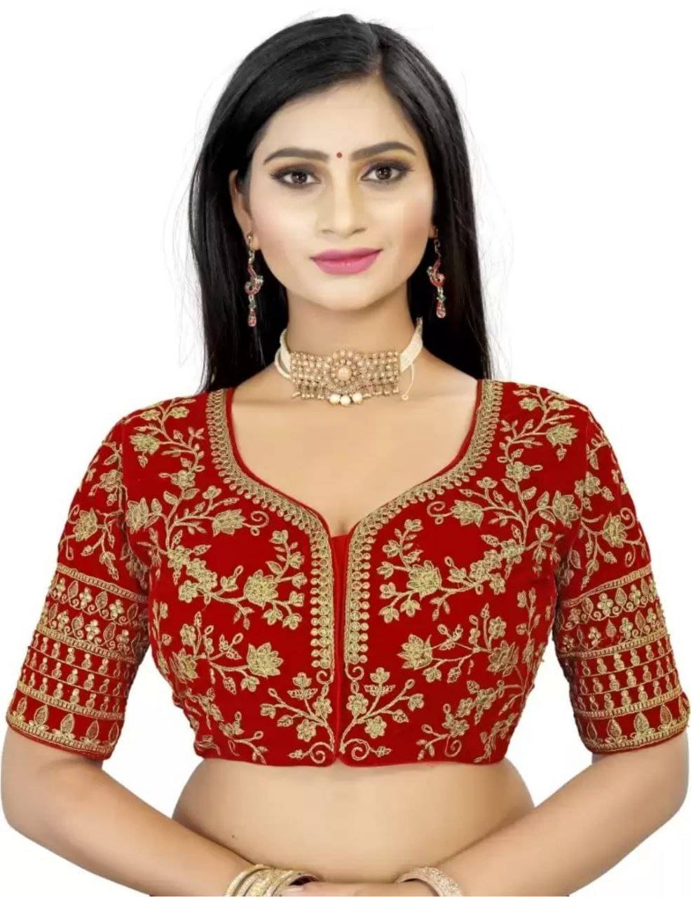 Bigbest Feb Velvet Readymade with Pad U-Neck Women's Blouse ( Red ) Bigbest Feb Velvet Readymade with Pad U-Neck Women's Blouse ( Red )