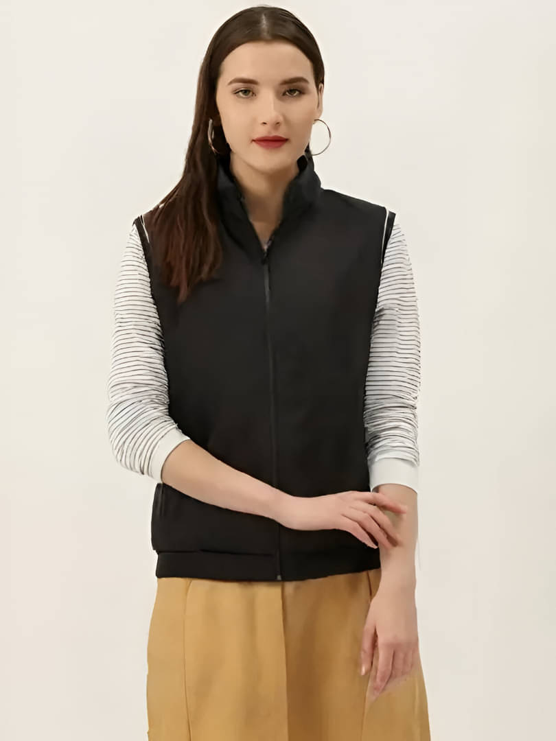     			CADMON Women Round Neck Regular Jacket ( Black )