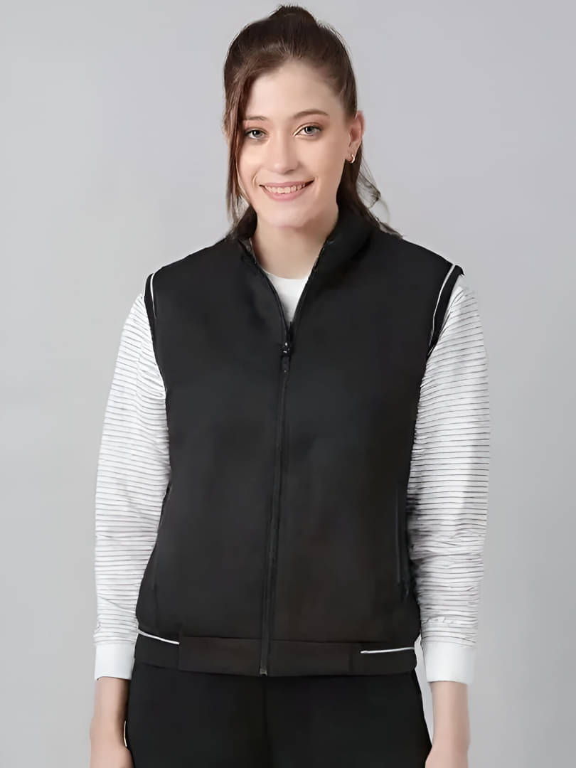     			CADMON Women Round Neck Regular Jacket ( Black )