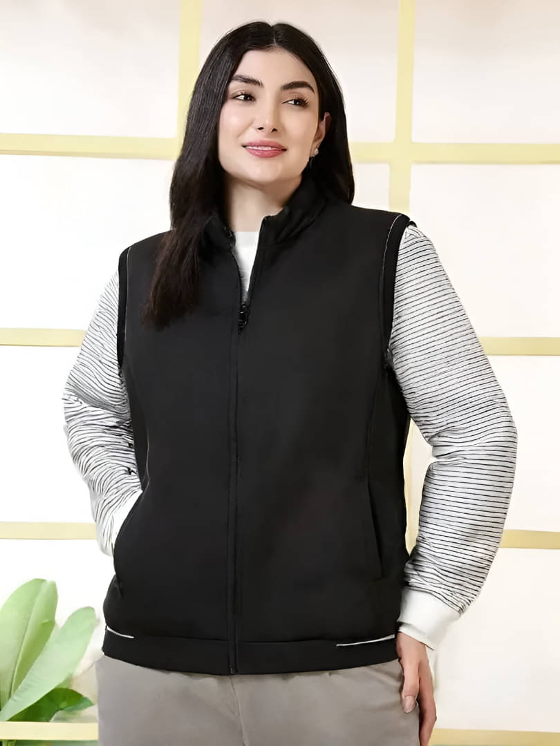     			CADMON Women Round Neck Regular Jacket ( Black )