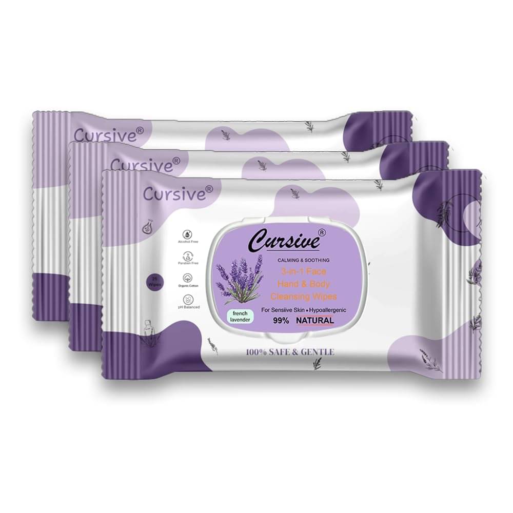 CURSIVE French Lavender Face & Hand (25x3=75) Wet Wipes ( 75 Pcs ) Pack of 3 CURSIVE French Lavender Face & Hand (25x3=75) Wet Wipes ( 75 Pcs ) Pack of 3