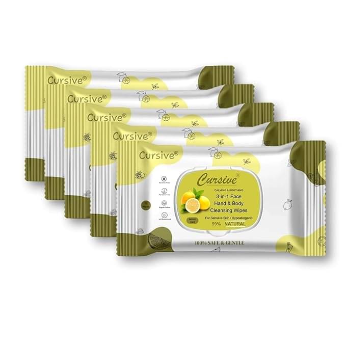    			CURSIVE Lemon Mint Face & Hand (25x5=125) Wet Wipes ( 125 Pcs ) Pack of 5