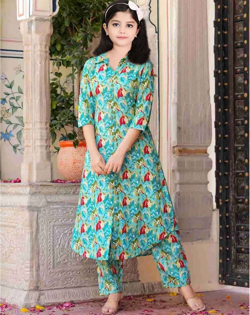 Deepkala Designer Girls Cotton Blend Kurti with Pants ( Pack of 1 , Light Blue ) Deepkala Designer Girls Cotton Blend Kurti with Pants ( Pack of 1 , Light Blue )