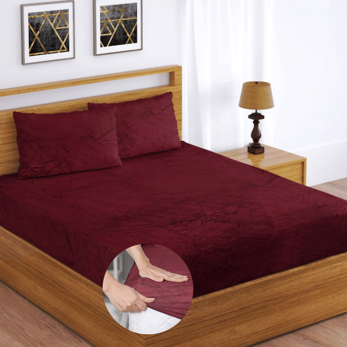 HIDECOR Woollen Solid Fitted 1 Bedsheet with 2 Pillow Covers ( King Size ) - Maroon