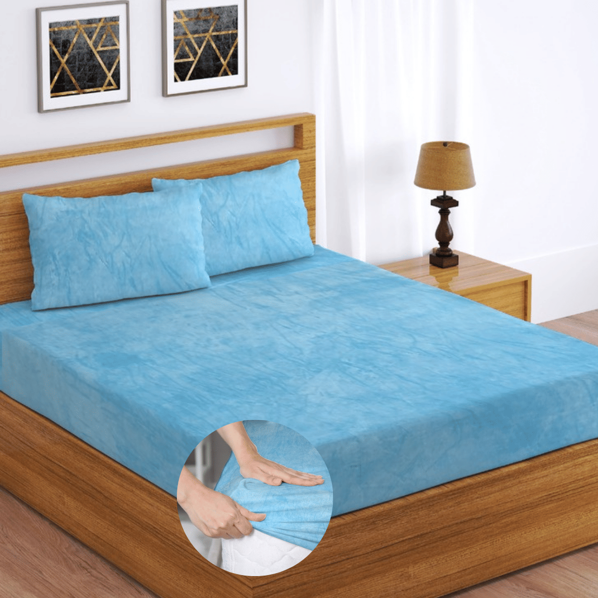 HIDECOR Woollen Solid Fitted 1 Bedsheet with 2 Pillow Covers ( King Size ) - Light Blue     			HIDECOR Woollen Solid Fitted 1 Bedsheet with 2 Pillow Covers ( King Size ) - Light Blue