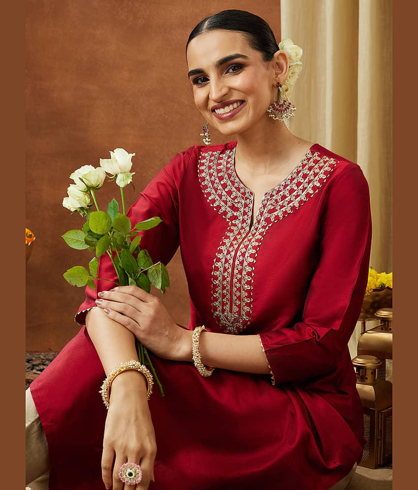 Janasya Women Chanderi Embroidered Straight Kurti ( Maroon ) - Kurtis, Tunics | Buy online on ZillyBuy