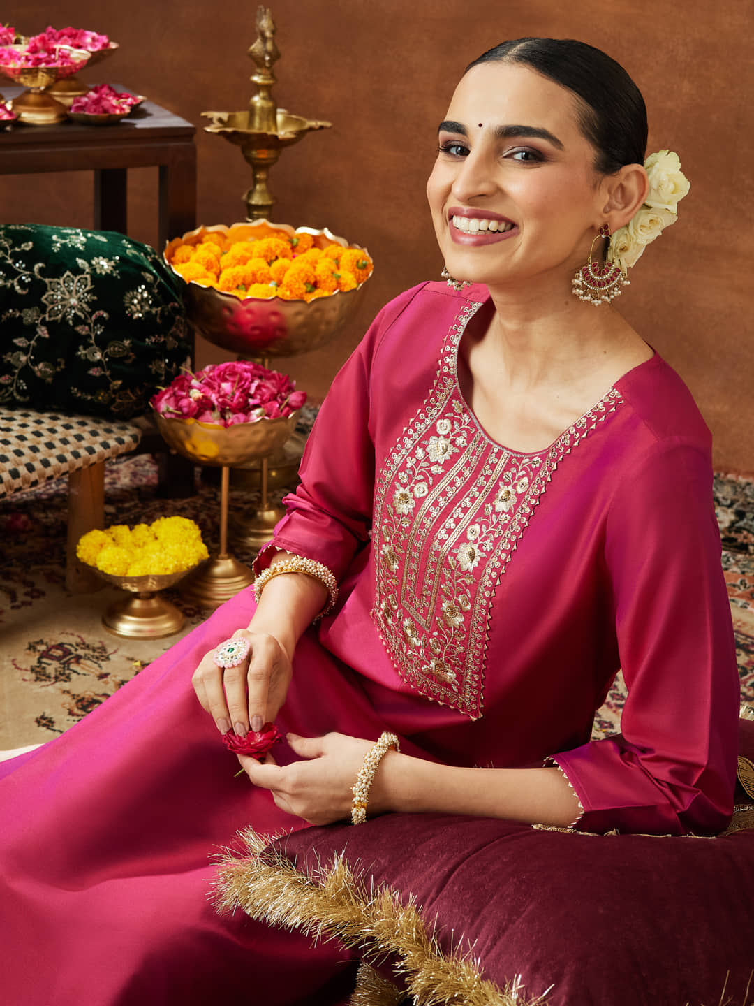 Janasya Women Chanderi Embroidered Straight Kurti ( Pink ) - Kurtis, Tunics | Buy online on ZillyBuy