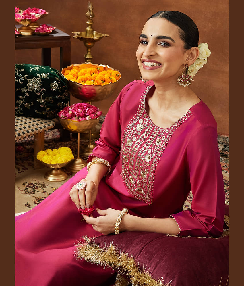 Janasya Women Chanderi Embroidered Straight Kurti ( Pink ) - Kurtis, Tunics | Buy online on ZillyBuy