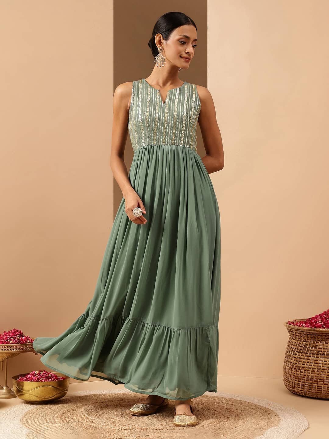 Janasya Women Georgette A-line Stitched Ethnic Gown ( Green ) - Unstitched Fabrics | Buy online on ZillyBuy