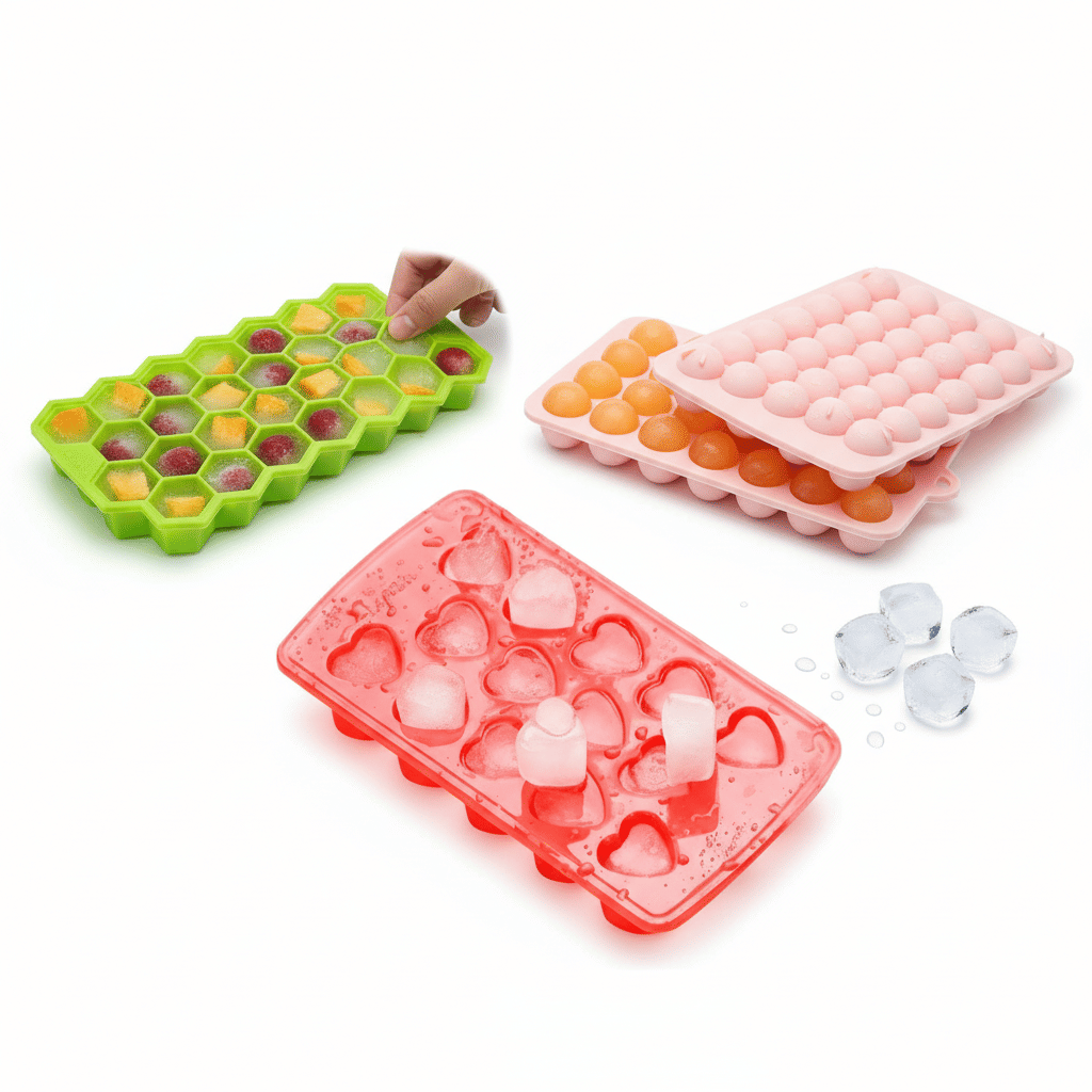     			(Pack Of 3) Silicone Ice Cube Molds - Sphere Ice Ball Maker, Honeycomb & Heart Shaped Trays for Kitchen & Bar - Reusable BPA Free