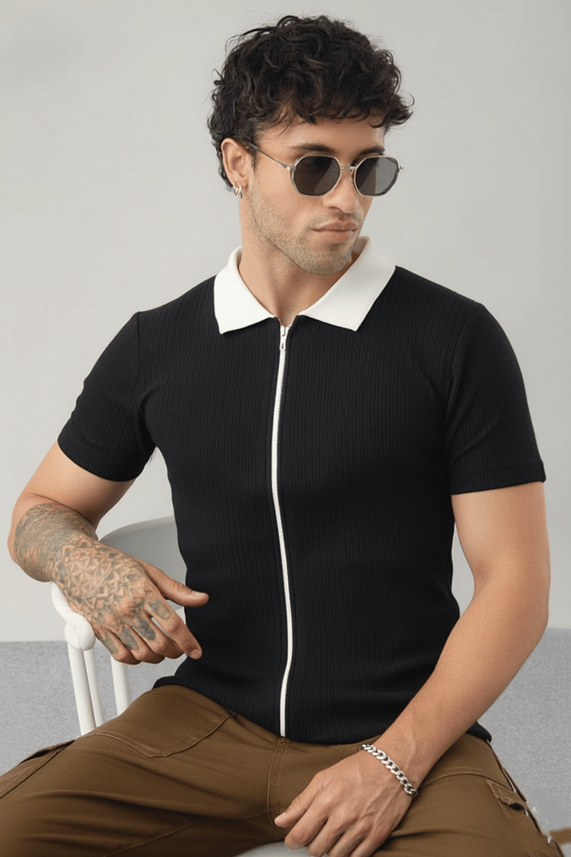     			Try This Men Cotton Blend Regular Fit Colorblock Polo T Shirt ( Black )