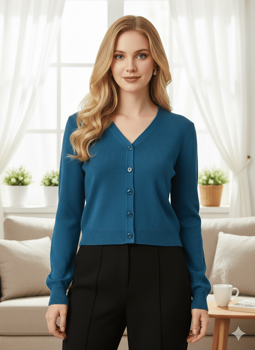 Urban Trees Women Woollen V-Neck Cardigan ( Blue )     			Urban Trees Women Woollen V-Neck Cardigan ( Blue )