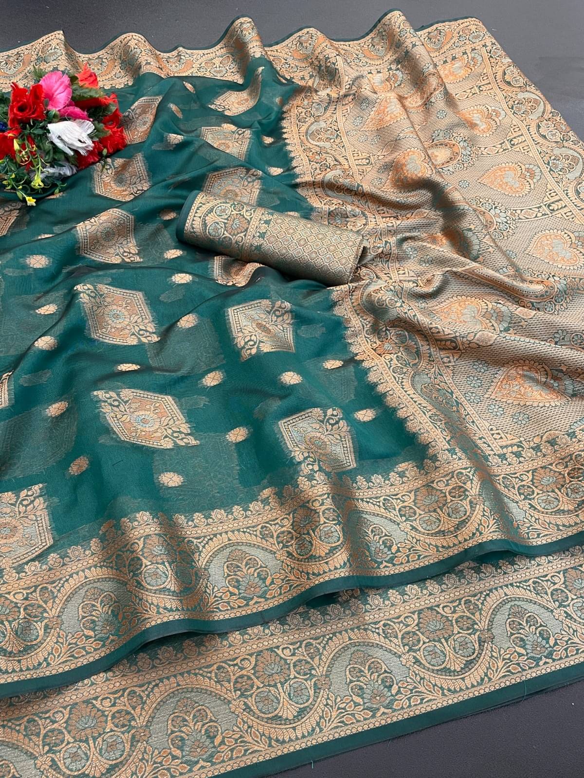A TO Z CART Organza Printed Regular Saree With Unstitched Blouse Piece ( Rama ) A TO Z CART Organza Printed Regular Saree With Unstitched Blouse Piece ( Rama )