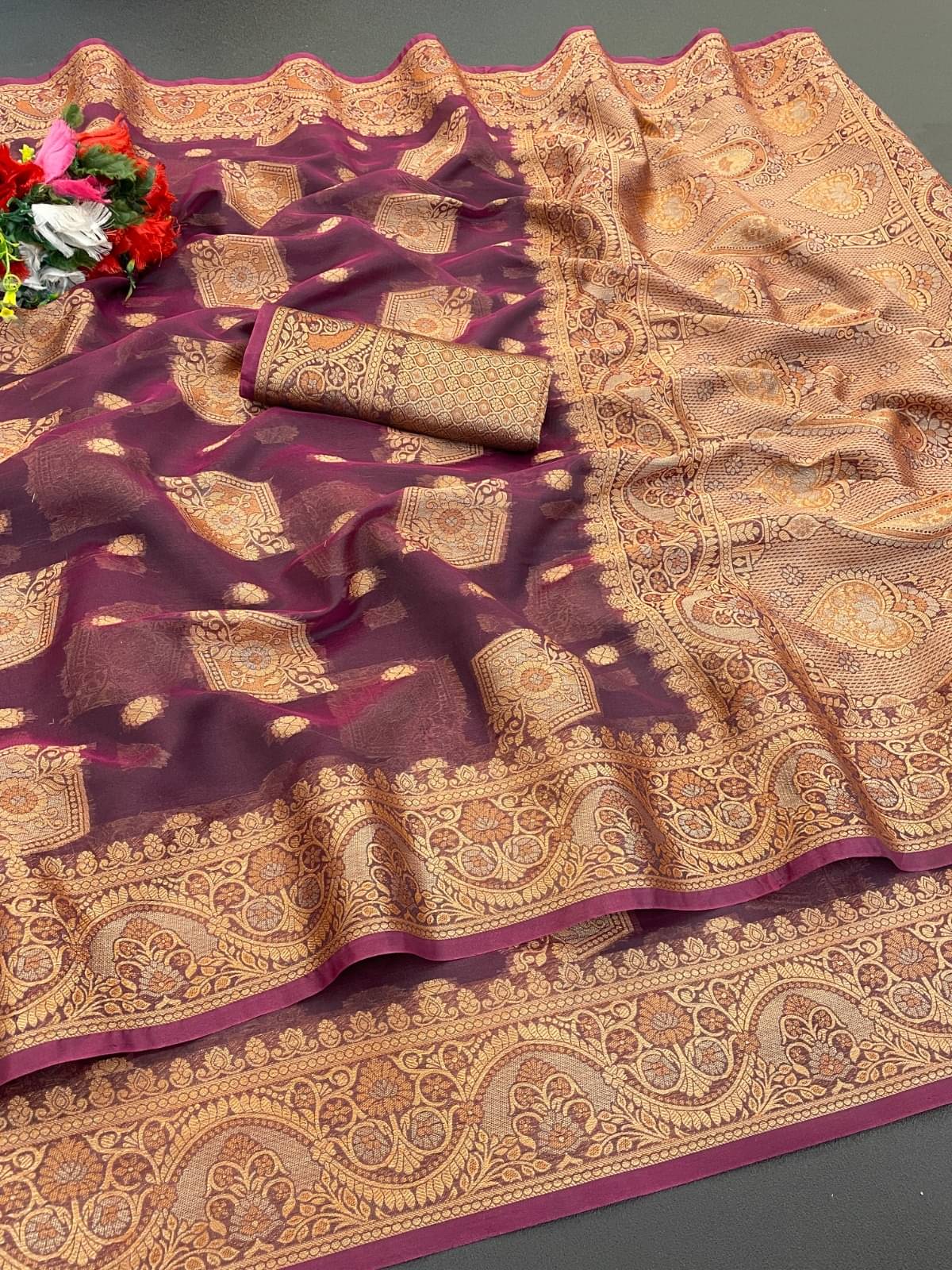 A TO Z CART Organza Printed Regular Saree With Unstitched Blouse Piece ( Wine )     			A TO Z CART Organza Printed Regular Saree With Unstitched Blouse Piece ( Wine )