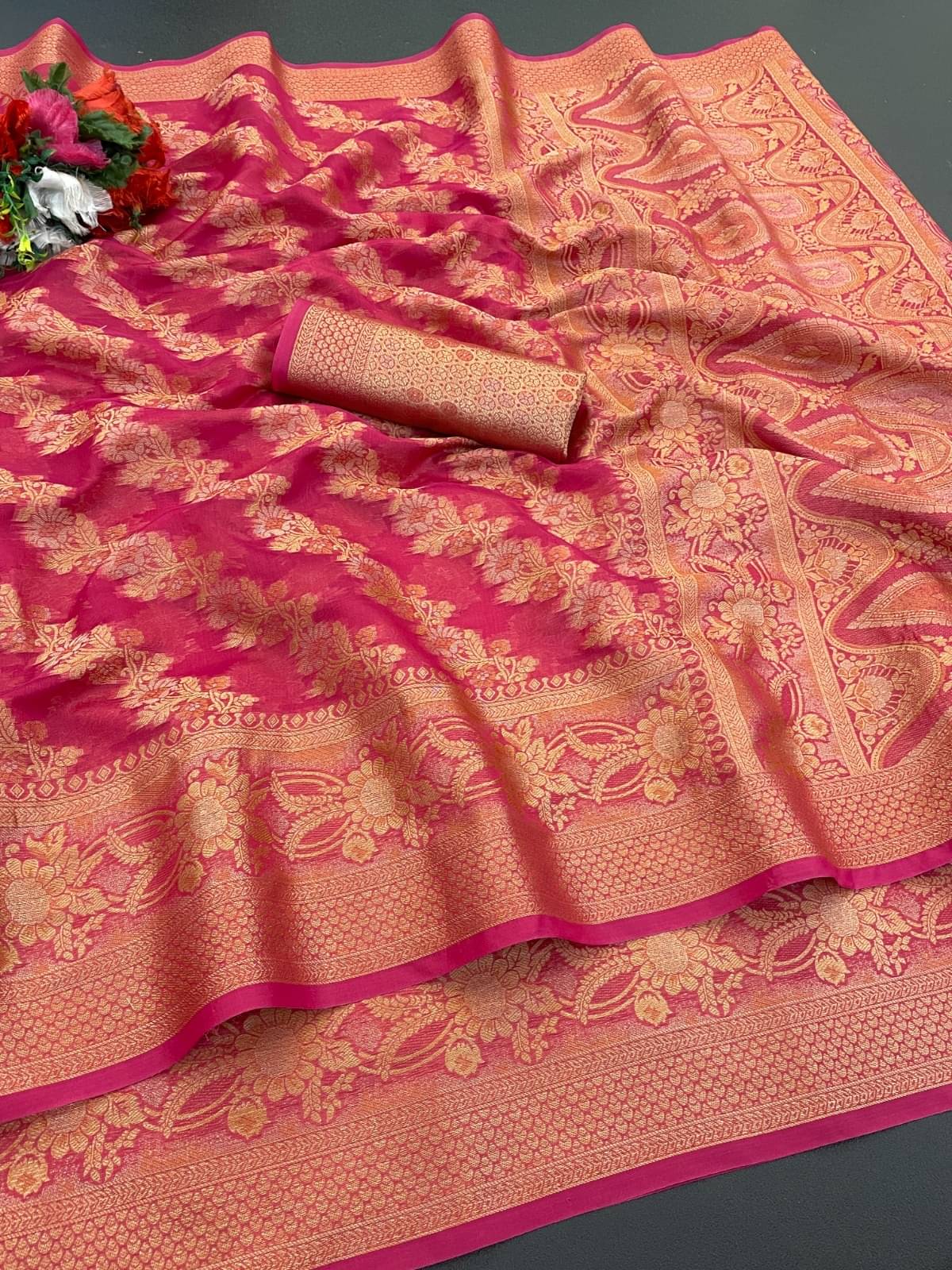     			A TO Z CART Organza Printed Regular Saree With Unstitched Blouse Piece ( Pink )