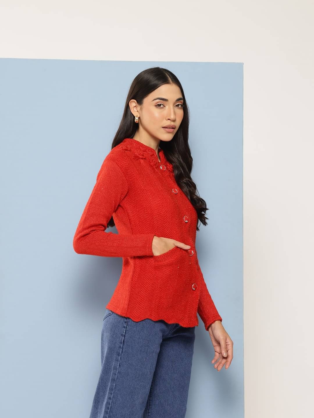 Aarika Women Woollen Shirt Collar Cardigan ( Red ) Aarika Women Woollen Shirt Collar Cardigan ( Red )