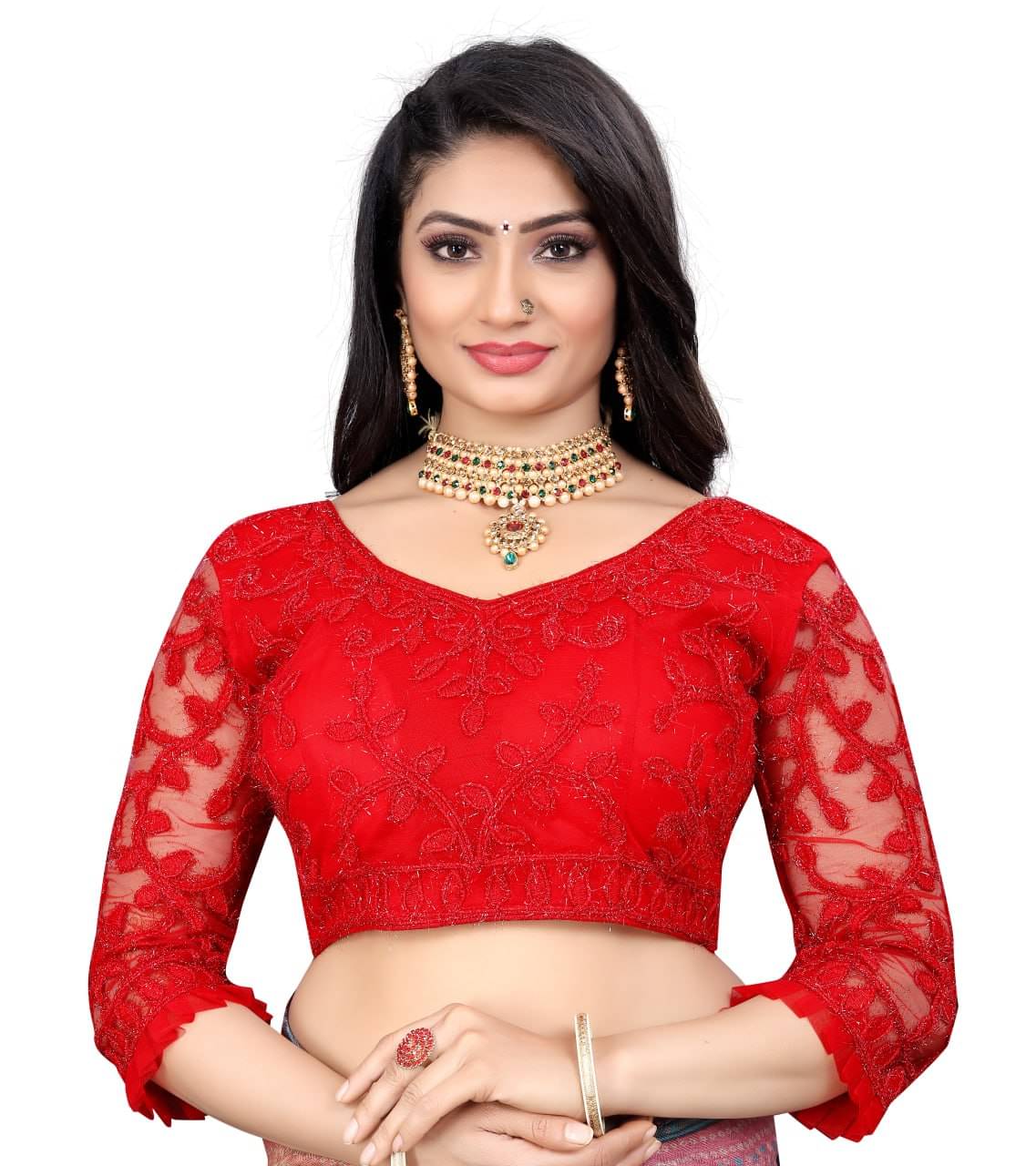     			Bigbest Feb Net Readymade with Pad V-Neck Women's Blouse ( Red )