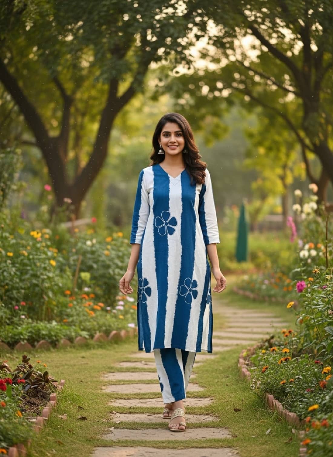 Gobya Women Rayon Printed Straight Kurti With Pants ( Blue )