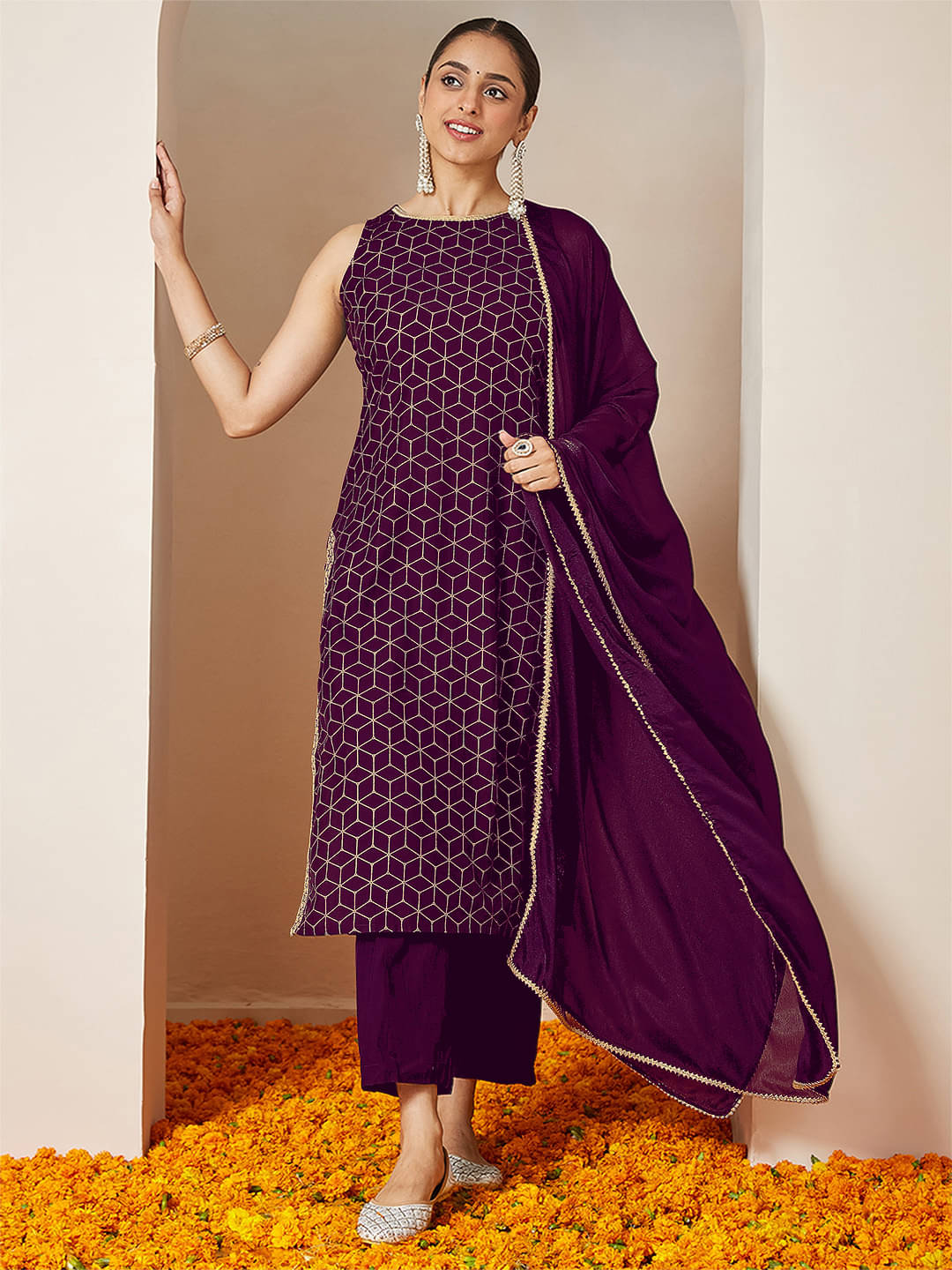     			Janasya Women Chanderi Embellished Straight Kurti With Pants ( Purple )