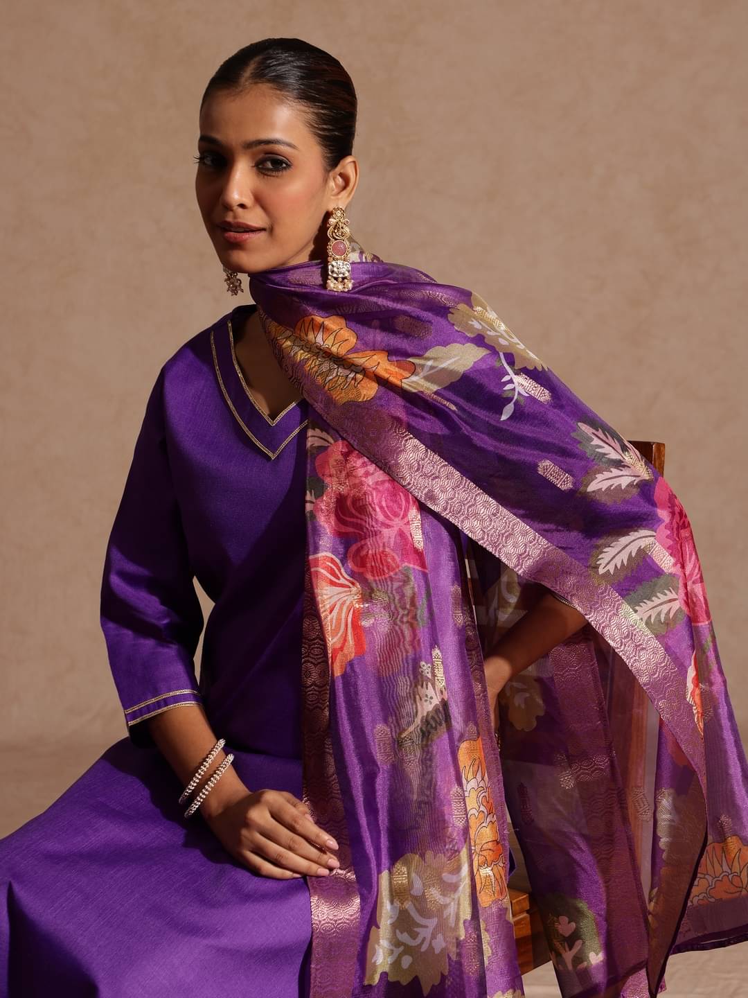     			Janasya Women Cotton Blend Embellished Straight Kurti With Pants ( Purple )