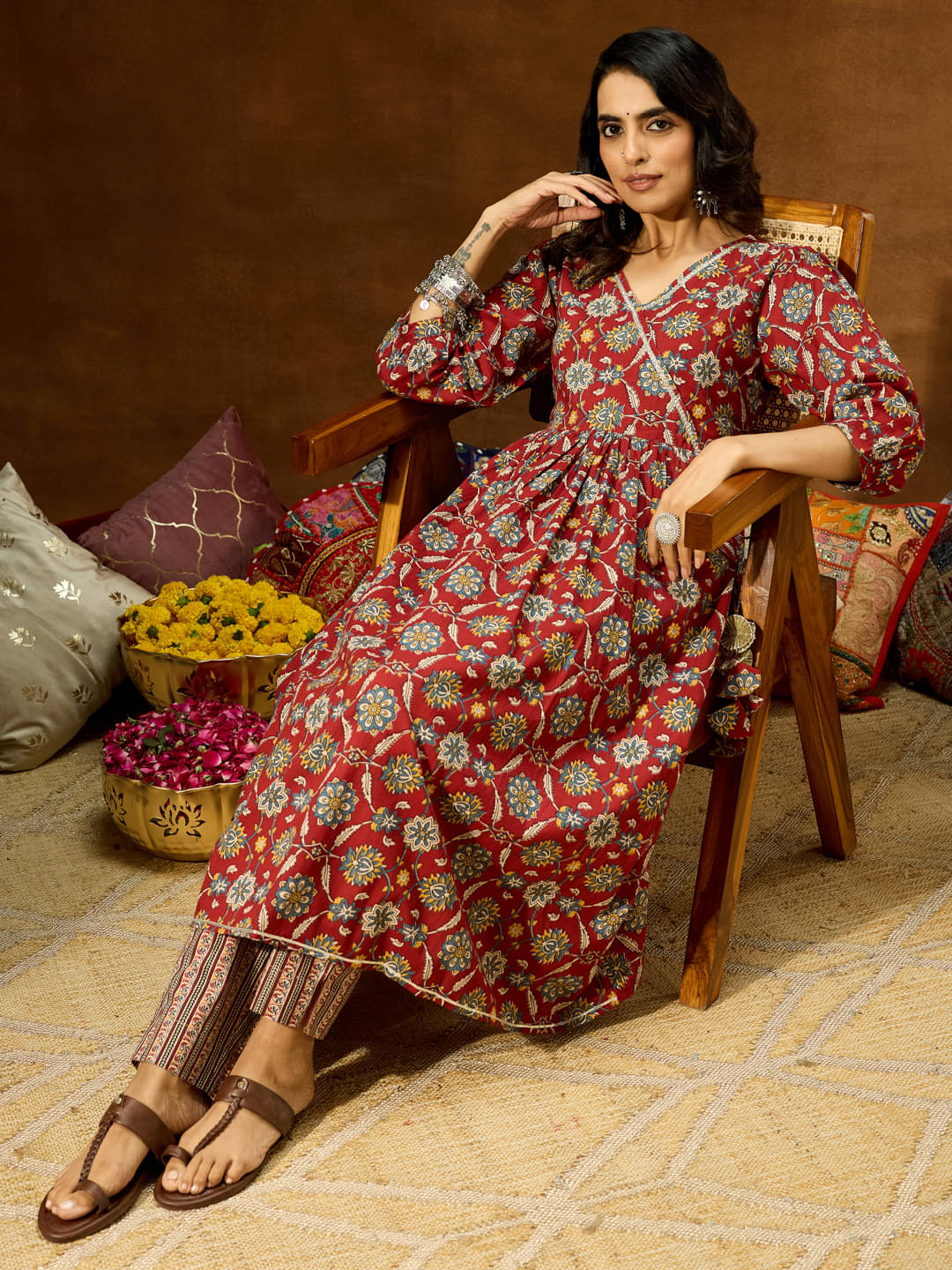     			Janasya Women Cotton Printed A-line Kurti With Pants ( Maroon )