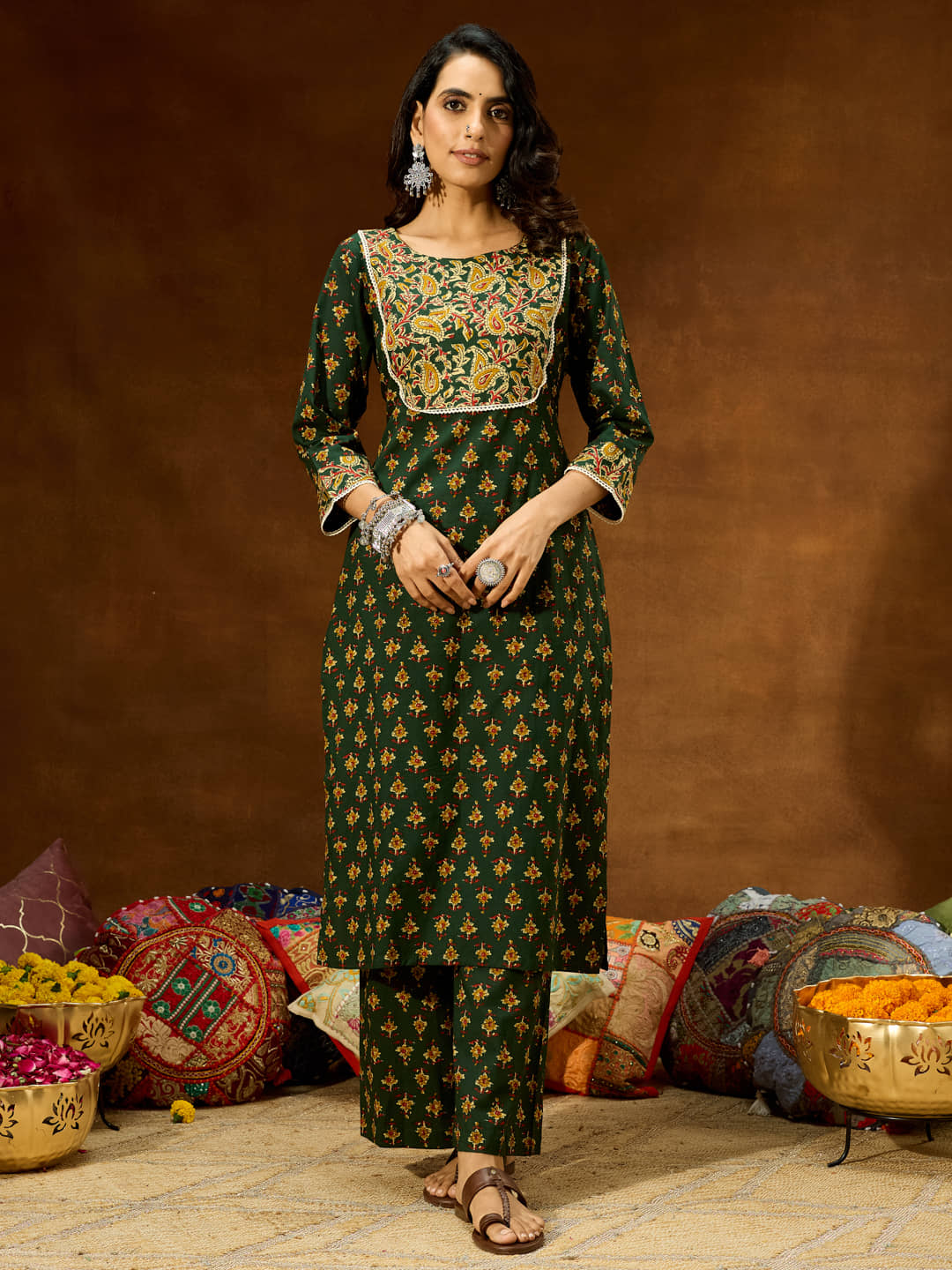 Janasya Women Cotton Printed Straight Kurti With Pants ( Green )