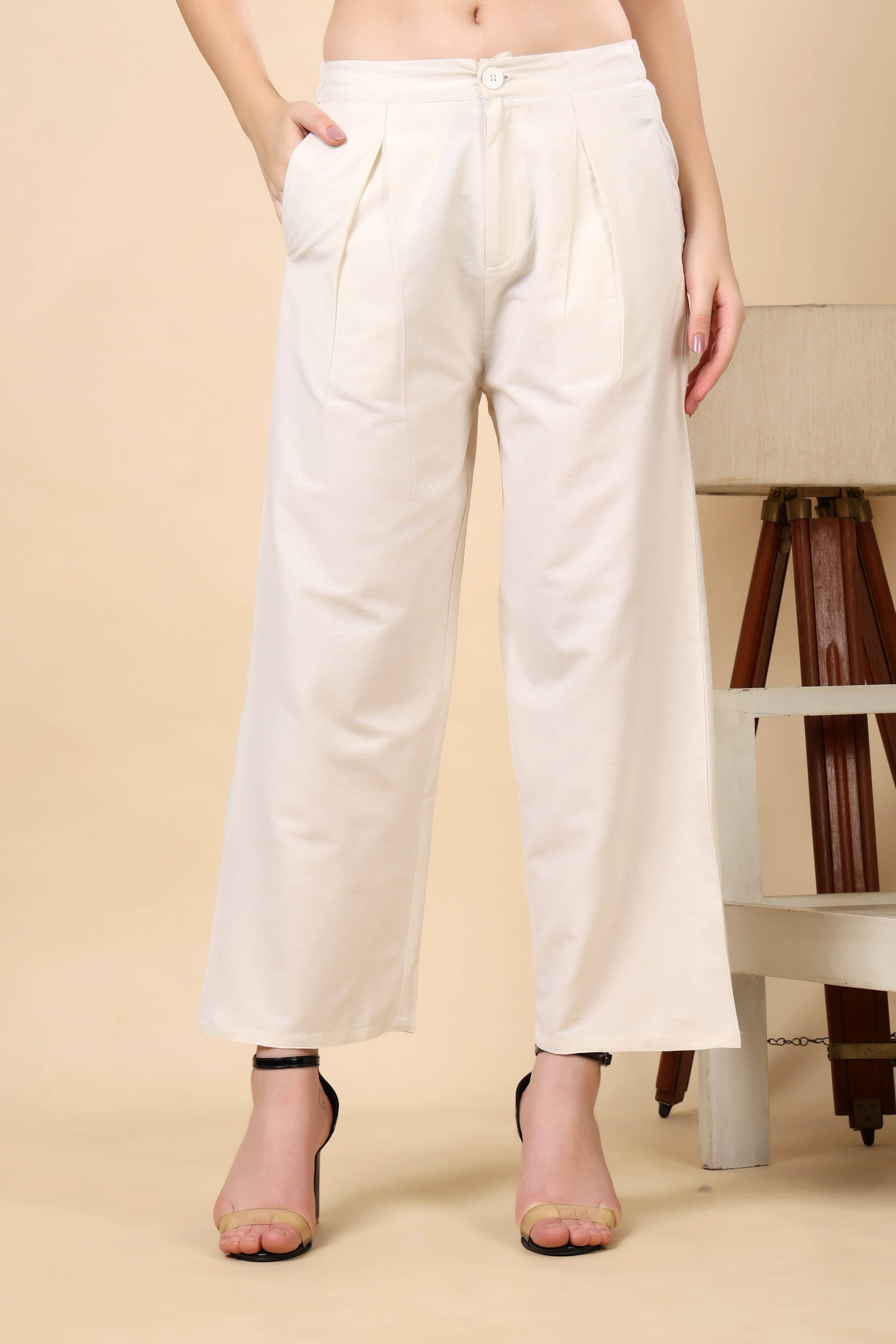    			LAIBAA Women Cotton Casual Trousers ( Off White )