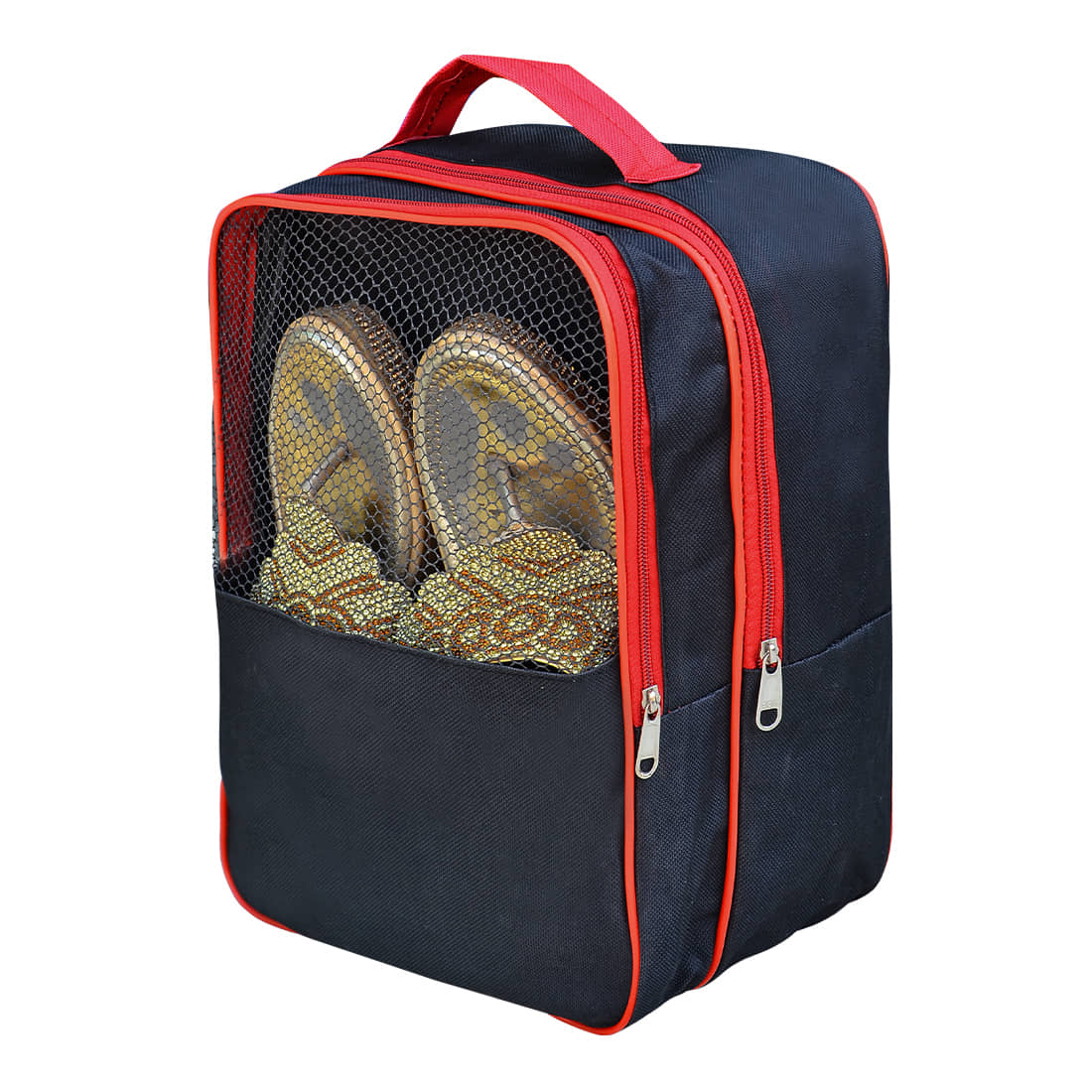 Large Shoe Storage Bag with Mesh Window, Navy Blue and Red Trim, Travel Organiser Bag for Footwear, Transparent Display Case, 30x23x14cm