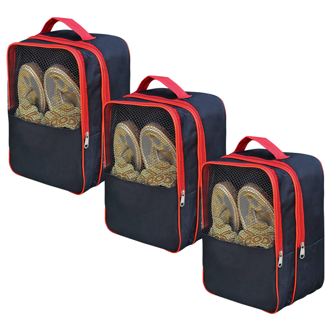 Large Shoe Storage Bag with Mesh Window, Navy Blue and Red Trim, Travel Organiser Bag for Footwear, Transparent Display Case, 30x23x14cm